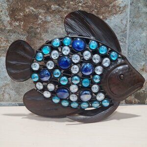 Hammered Metal Fish Sculpture Blue White Bead Glass Cabachons